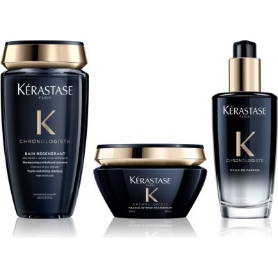 Kérastase Chronologiste posilující a revitalizující šampon proti stárnutí 250 ml + hydratační a vyživující olej na vlasy s parfemací 100 ml + revitalizační maska proti příznakům stárnutí vlasů 200 ml – Zboží Mobilmania