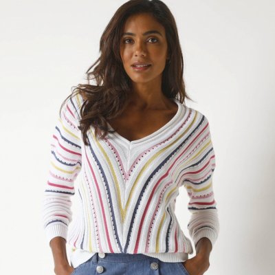 Pulovr s proužky a výstřihem do V bílá vícebarevná – Zbozi.Blesk.cz