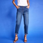 Pohodlné strečové džíny mom s pružným pasem modrá – Sleviste.cz