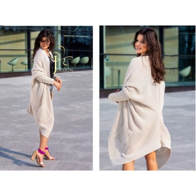 Fashionweek Dlouhý teplý pletený kabát svetr s velmi originálním střihem FRODO Béžový – Zboží Mobilmania