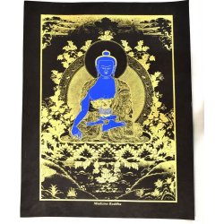 Sanu Babu Buddha léčitel, "Medicine Buddha", zlatý tisk na ručním černém papíru, 47x36cm
