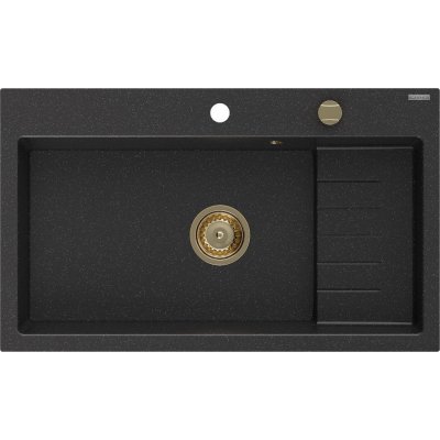 MEXEN/S Omar granitový dřez 800 x 480 mm, černá/stříbrná metalik, zlatý sifon 6520801005-73-G