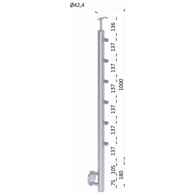 Nerezový sloup, boční kotvení, 6 řadový průchodný, venkovní, vrch pevný (ø 42,4x2 mm), broušená nerez K320 / AISI304