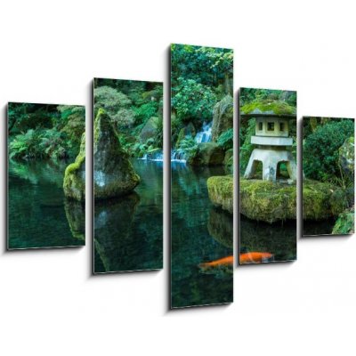 Obraz 5D pětidílný - 150 x 100 cm - A Lantern and Waterfall in the Portland Japanese Garden Lucerna a vodopád v japonské zahradě v Portlandu – Zboží Mobilmania