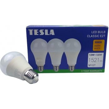 Tesla BL271230-3PACK LED žárovka BULB E27, 12W, 230V, 1521lm, 25 000h, 3000K teplá bílá 220st, 3 pack