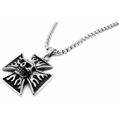 Steel Jewelry Náhrdelník maltézský kříž s lebkou NH150323