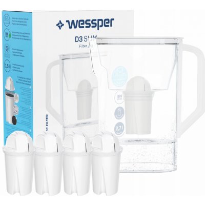 Wessper D3 Slim Aquaclassic 2,7l bílý filtrační džbán do chladničky + 5x filtrační patrona Wessper Aquaclassic – Zbozi.Blesk.cz