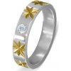 Prsteny Šperky eshop Stříbrný ocelový prsten se zlatými hvězdami a čirým zirkonem BB5.18