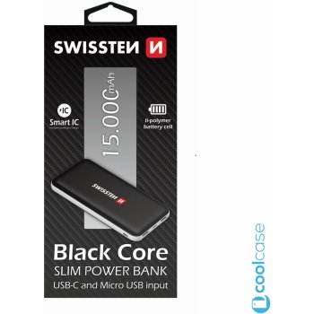 Swissten BLACK CORE SLIM POWER BANK 15000 mAh USB-C INPUT