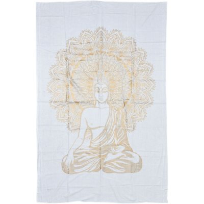 Sanu Babu přehoz na postel s tiskem bílý a zlatý tisk Buddha 140 x 210 cm