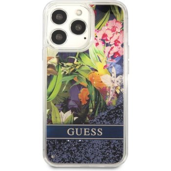 Pouzdro Guess Liquid Glitter Flower Apple iPhone 13 Pro, modré