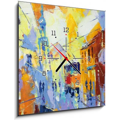 Obraz s hodinami 1D - 50 x 50 cm - an original oil painting on canvas cubism style, parto of cubism landscapes collection, jut and ordinary day in the city, urban, city – Hledejceny.cz