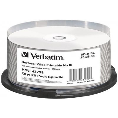 VERBATIM BD-R(25-pack)Blu-Ray/spindle/6x/25GB/Printable/No ID - 43738
