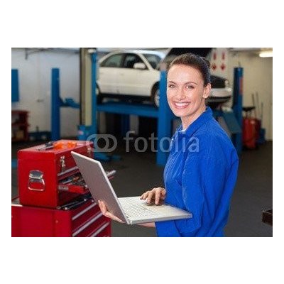 WEBLUX 76801978 Fototapeta plátno Mechanic typing on a laptop Mechanik psaní na notebooku rozměry 160 x 116 cm