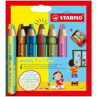 Stabilo Multifunkční barvička STABILO woody 3v1 duo dvoubarevná tuha 6 ks sada se struhadlem 454142 – Hledejceny.cz