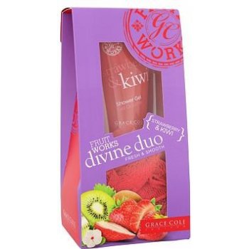 Grace Cole Fruit Works Divine sprchový gel Strawberry & Kiwi 50 ml + mycí houba dárková sada