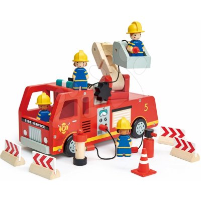 Tender Leaf Toys Drevené hasičské auto Fire Engine s funkčnou plošinou a 4 hasiči s doplnkami