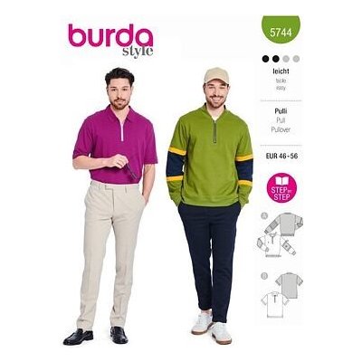 Střih Burda zelený 5744 - pánská mikina se stojáčkem, polo tričko na zip – Zboží Dáma