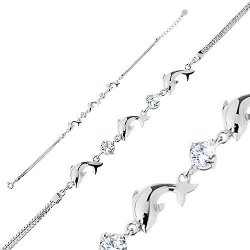 Šperky eshop náramek ze stříbra dvojitý řetízek lesklí delfíni čiré blýskavé zirkonky R37.2
