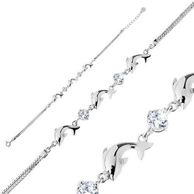 Šperky eshop náramek ze stříbra dvojitý řetízek lesklí delfíni čiré blýskavé zirkonky R37.2 – Zboží Mobilmania