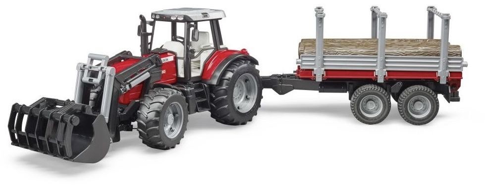 Bruder 2046 Massey Ferguson 7480 s nakladačem a přívěsem na dřevo