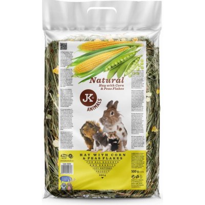 JK ANIMALS Přírodní seno s kukuřičnými a hrachovými lupínky 0,5 kg – Zboží Mobilmania