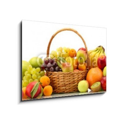Obraz 1D - 100 x 70 cm - Assortment of exotic fruits in basket isolated on white Sortiment exotických ovoce v koši izolovaných na bílém