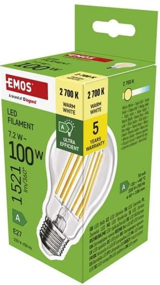 Emos LED žárovka Filament A60 A CLASS / E27 / 7,2 W (100 W) / 1521 lm / neutrální bílá