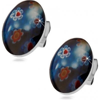 Šperky eshop puzetové ocelové náušnice modrý ovál s barevnými květy X03.06