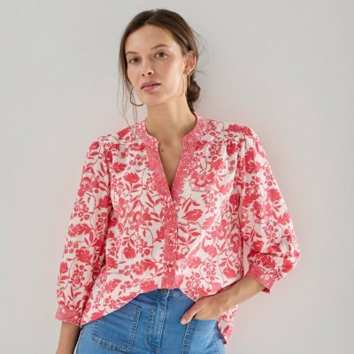 Halenka s 3/4 nabíranými rukávy a potiskem režná/malinová – Zboží Mobilmania