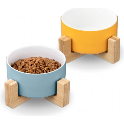 Navaris keramická Miska pro kočky a pejsky s dřevěnými stojánky 2 x 550 ml