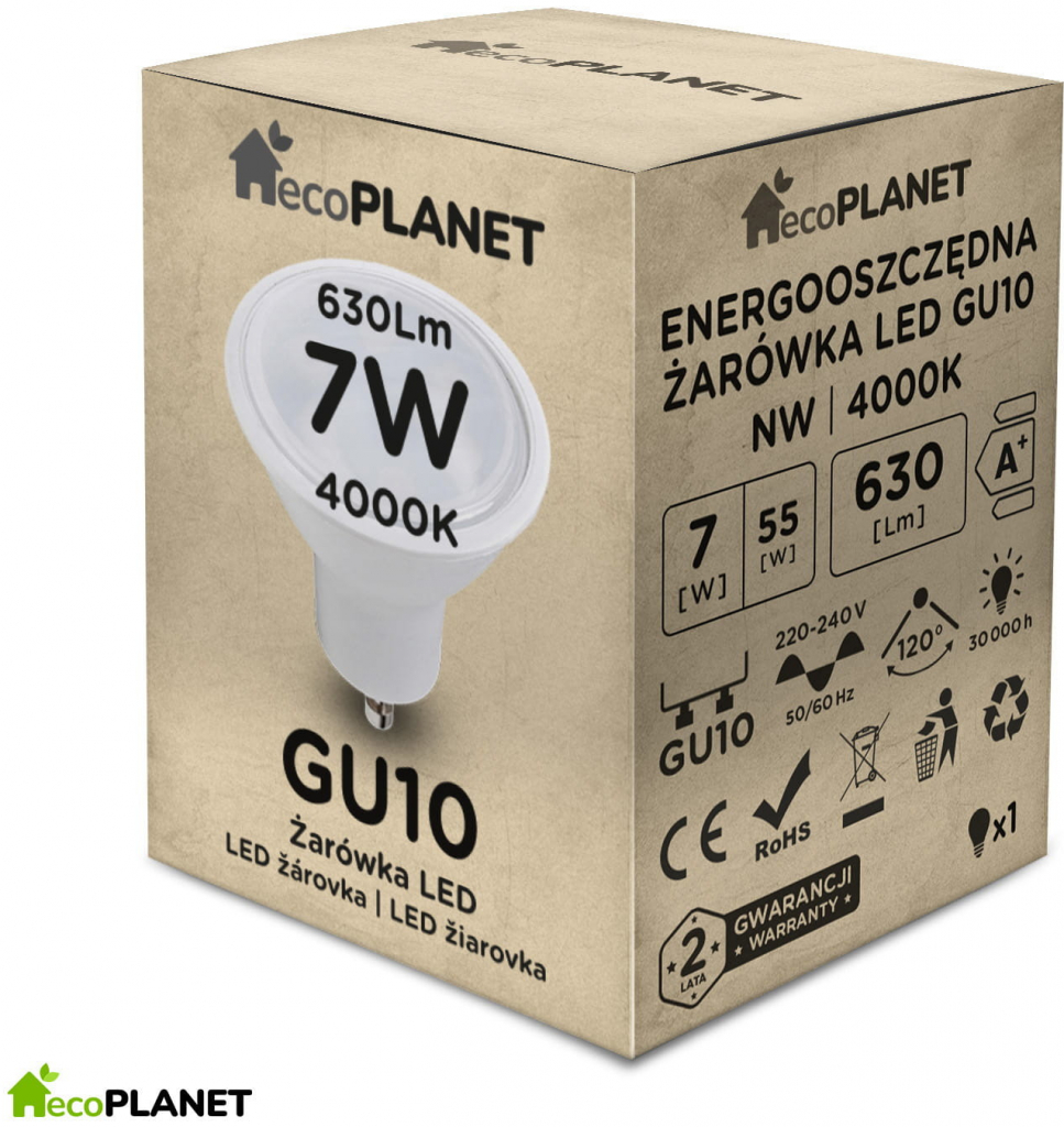 ecoPLANET LED žárovka GU10 7W studená bílá