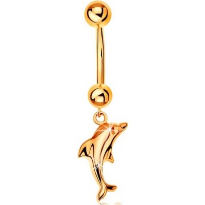 Šperky Eshop zlatý piercing do pupíku banánek se dvěma kuličkami a visící lesklý delfín S2GG184.38 – Hledejceny.cz