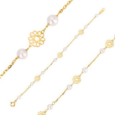 Šperky eshop ve žlutém zlatě ornamentálně vyřezávané kvítky perly GG37.28
