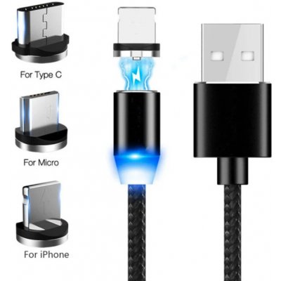 LED Magnetic nabíjecí kabel 3in1 s vyměnitelnými konektory Lightning, USB C a Micro USB, 1m/2m Délka: 2m – Zbozi.Blesk.cz