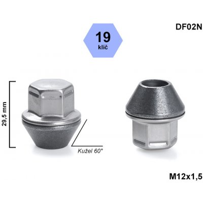 Kolová matice M12x1,5 FORD, VOLVO, kužel, pevná, klíč 19, DF02N uzavřená, nerezová krytka, výška 29,5 mm