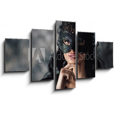 Obraz 5D pětidílný - 125 x 70 cm - portrait of sexy beautiful woman in lace black erotic lingerie and carnival mask on dark background portrét sexy krásná žena v krajkov