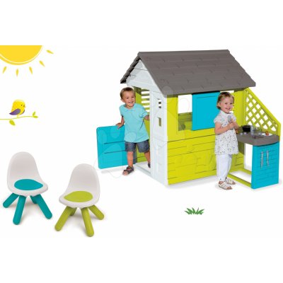 Smoby Set detský domček Pretty Blue s letnou kuchynkou+stolička KidChair zelená a modrá SM810703-36 – Zboží Mobilmania