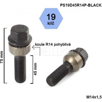 Kolový šroub M14x1,5x45 koule R14 pohyblivá, černý, klíč 19, výška 75