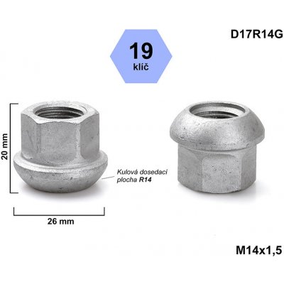 Kolová matice M14x1,5 VW, PORSCHE, koule R14, klíč 19, D17R14F uzavřená, výška 20