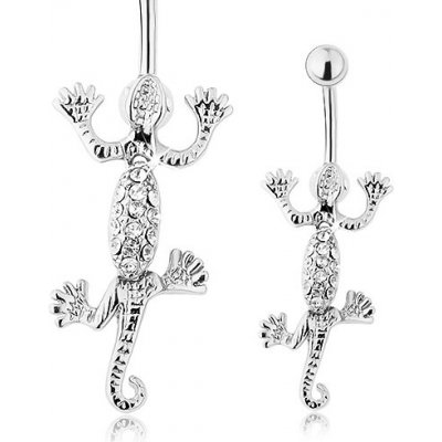 Šperky eshop ocelový piercing do pupíku pohyblivá ještěrka stříbrné barvy čiré zirkonky SP31.20