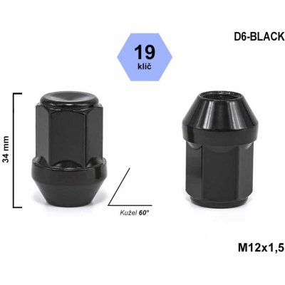 Kolová matice M12x1,5 kužel zavřená, klíč 19, D6-BLACK, černá, výška 34 mm – Zboží Mobilmania