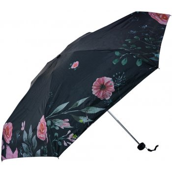 Clayre & Eef skládací deštník do kabelky s květy černý