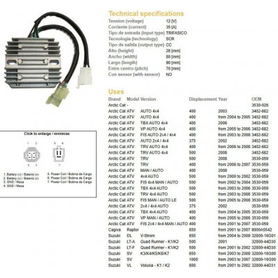 DZE regulátor napětí SUZUKI DL 650 V-STROM 04-09; SV 650 03-08; SV 1000 03-07; VL 800 VOLUSIA 01-02; LT-A QUAD RUNNER 01-02; CAGIVA; ARCTIC CAT (35A) (ESR124)(32800-16G01) | Zboží Auto