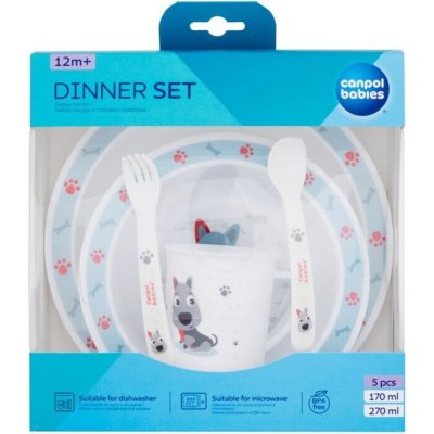 Canpol babies Cute Animals Dinner Set Dog miska 270 ml + hrnek 170 ml + talíř + lžíce + vidlička