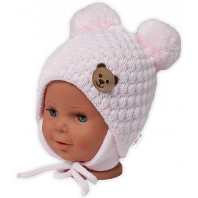 BABY NELLYS Zimní pletená čepice Teddy Bear na zavazování růžová – Zboží Mobilmania