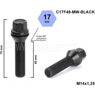 Kolový šroub M14x1,25x48 kužel pohyblivý černý, klíč 17, C17F48-MW-BLACK, výška 75 mm