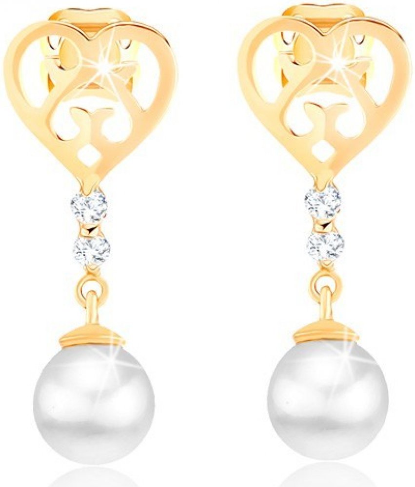 Šperky eshop náušnice ze zlata srdce s vyřezávanými ornamenty brilianty a  perlou BT504.45 | Srovnanicen.cz