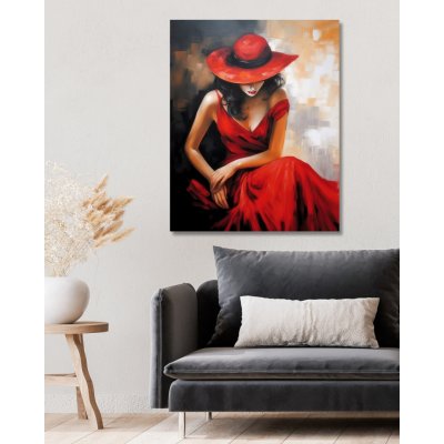 ZUTY Obrazy na stěnu - Žena v červeném klobouku a šatech Rozměr: 40x50 cm, Rámování: vypnuté plátno na rám