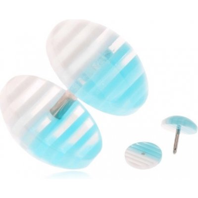Šperky eshop fake plug do ucha z akrylu průhledná kolečka bílé a modré proužky I16.02